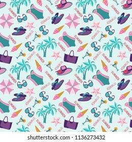 Summer vacation pattern in beach style. Vector hand drawn seamless texture with beach objects: swimsuit, cocktail, sea star, flip flops.