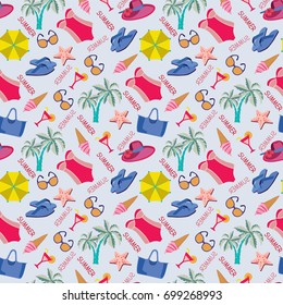  Summer vacation pattern in beach style. Vector hand drawn seamless texture with beach objects: swimsuit, cocktail, sea star, flip flops.