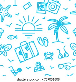 Summer vacation pattern with different travel icons in linear style - sun, different beach stuff, suitcase, sea life. Travel background.