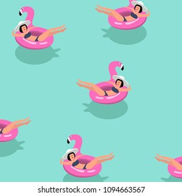 Summer vacation pattern. Girls with black hair in white hat and white swimsuit swimming on pink inflatable flamingos in the pool