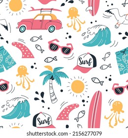 Summer Vacation pattern. Vector seamless pattern with summer symbols, such as sea wave, surfboard, palm tree, jellyfish, and swimming shorts in doodle style. Isolated on white.