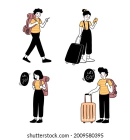 Summer vacation people concept. Man and woman weekend by tourists travelling with backpacks and bags, suitcases. A Tourist is Standing with a Backpack. Cartoon vector illustration in flat style