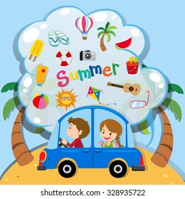 Summer vacation with people driving in car illustration