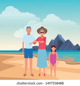 summer vacation people family at beach cartoon vector illustration graphic design