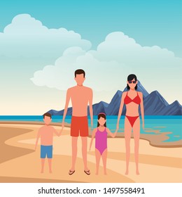 summer vacation people family at beach cartoon vector illustration graphic design