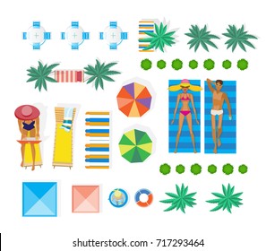 Summer vacation. People having a rest on beach. Top view landscaping architecture city park. Accessories and leisure items, interior and surroundings. Natural structure. Vector illustration isolated.