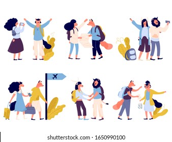 Summer vacation people isolated of summer tourist character, woman and man. Young couple family. Tourists travelling with backpacks and bags, suitcases. Tourist characters vector Illustration. 