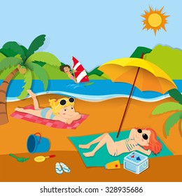 Summer vacation with people on the beach illustration