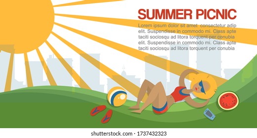 Summer vacation or picnic for woman in park on the meadow cartoon vector illustration. Caucasian woman taking sun bath with watermelon top view. Flat design of summer vacaton poster.
