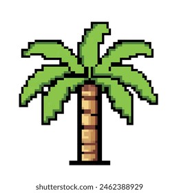 Sommer Urlaub Pixel Art Reise Kunst Symbol Palme. 80er, 90er Jahre alte Arcade-Spielstil, Reise, Reise. Palm Tree Pixel Art-Symbol 8-Bit Sprite Palm. Digitaler Vintage-Spielstil.