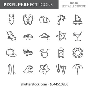 Summer vacation pixel perfect thin line icons set with editable strokes. Collection of summertime travel simple elements. Vector illustration isolated on white background.