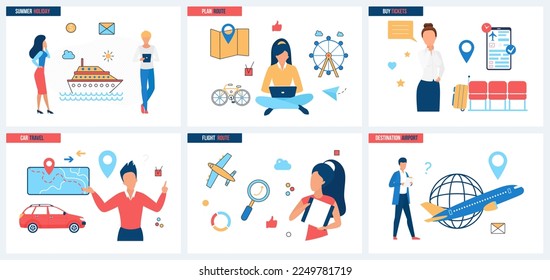 Summer vacation plan, ship cruise and car trip, route to destination set vector illustration. Cartoon tiny people buy plane tickets online, look for location on map using magnifying glass and laptop