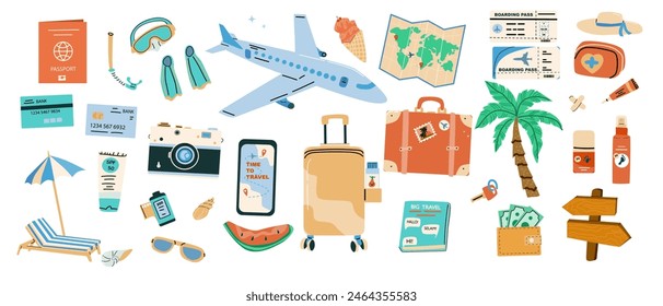 Summer vacation plane and other journey or trip elements for flight and travel to sea. Beach summer stickers palm, sunbed, umbrella, camera. Luggage, phone and paper map, airplane, suitcase and wallet