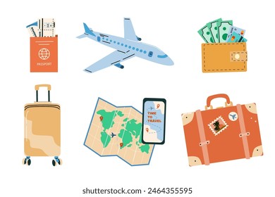 Summer vacation plane and other journey or trip elements for flight and travel to sea. Beach summer stickers palm, sunbed, umbrella, camera. Luggage, phone and paper map, airplane, suitcase and wallet