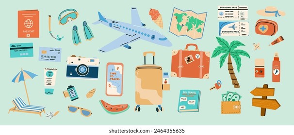 Sommerferienflugzeug und andere Reise- oder Reise-Elemente für Flug und Reise zum Meer. Strand Sommer Aufkleber Palme, Sonnenbank, Regenschirm, Kamera. Gepäck, Telefon und Papierkarte, Flugzeug, Koffer und Geldbörse