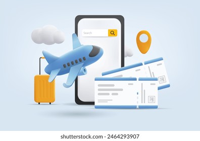 Summer Vacation Plane Ticket. 3D Mobile Phone with Ticket for Flight Airplane, Suitcase. Travel Planning. Vector Illustration.