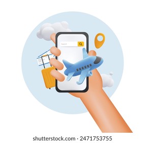 Summer Vacation Plane Ticket. 3d Realistic Hand Holding Mobile Smartphone with Ticket for Flight Airplane, Suitcase. Travel Planning. Vector Illustration.