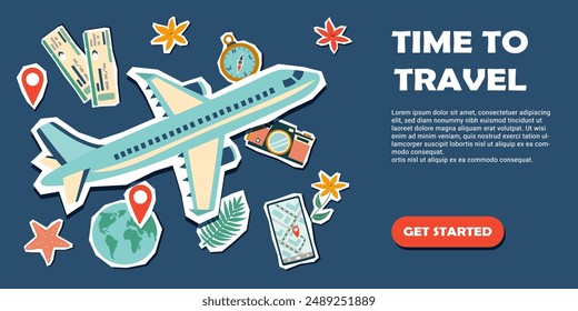 Summer vacation plane ticket. Summer and travel concept. Travel banner with stickers. Summer travel destinations.