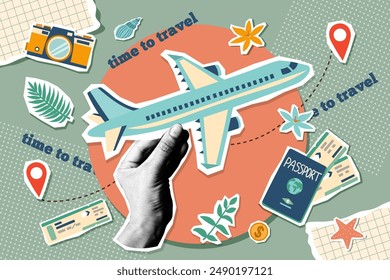 Summer vacation plane ticket. Summer and travel concept. Travel banner with stickers. Summer travel destinations.