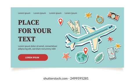 Summer vacation plane ticket. Summer and travel concept. Travel banner with stickers. Summer travel destinations.