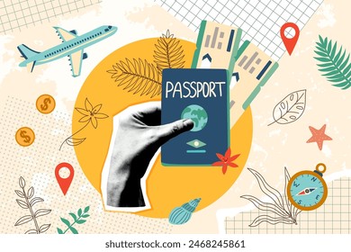 Summer vacation plane tickets. Banner in vintage new nostalgia collage style. Travel concept. Paper halftone hand holding passport and tickets. 