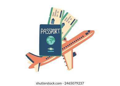 Summer vacation plane tickets, passport and airplane isolated on white. Travel concept. Vector illustration in flat style.