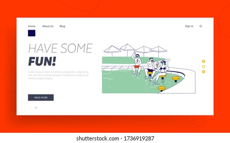 Summer Vacation, Pool Party, Holidays Landing Page Template. Group of Young Characters Sitting on High Stools in Swimming Pool Drinking Cocktails Eating Ice Cream. Linear People Vector Illustration