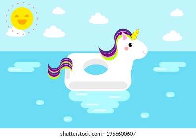 Summer vacation pool scene of a trendy unicorn floaty with a happy smiling sun. Great for kids' cards, websites and more. Vector