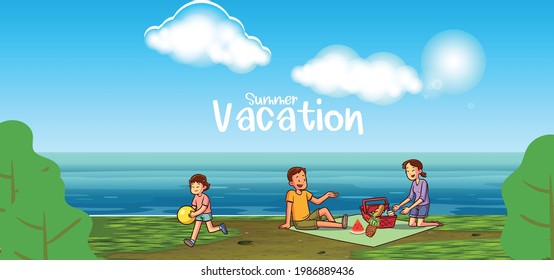 Summer Vacation with Positive family of three playing at sea beach