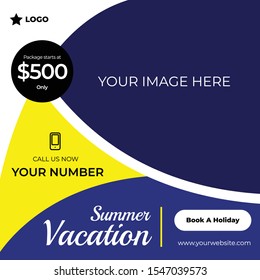 Summer vacation post with wave shapes social media template to promote your brand and advertise on different social media channels.Show sale, offers and discount with these creative designs