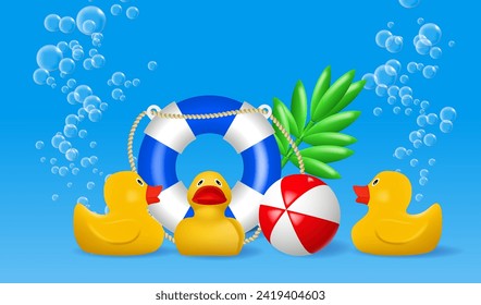 Afiche de vacaciones de verano con objetos inflables en 3d. Balón de playa, salvavidas y amarillo 
 patos de caucho bajo el agua. Ilustración del vector