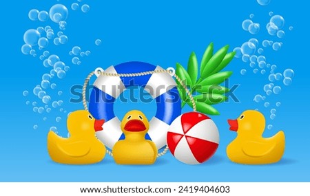 Summer vacation poster with 3d inflatable objects. Beach ball, lifebuoy and yellow 
 rubber ducks under water. Vector illustration
