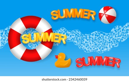 Summer vacation poster with 3d objects. Beach ball, lifebuoy, rubber duck and 3D text SUMMER. Vector illustration