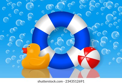 Summer vacation poster with 3d objects. Beach ball, lifebuoy, rubber duck and air bubbles. Vector illustration. Pool party banner
