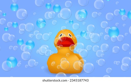 Summer vacation poster with 3d objects. Inflatable rubber duck in the soupy foam. Vector illustration