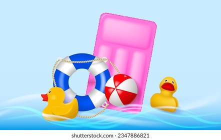 Summer vacation poster with 3d objects. Beach ball, lifebuoy, rubber ducks and Inflatable Pool Float Mattress. Vector illustration