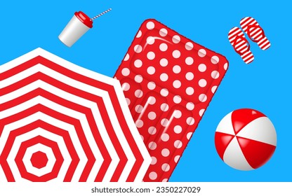 Summer vacation poster with 3d objects. Beach ball, coffee cup, beach umbrella, sandals and inflatable mattress. Vector illustration