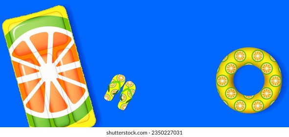 Summer vacation poster with 3d objects. Lifebuoy, beach sandals and inflatable float mattress