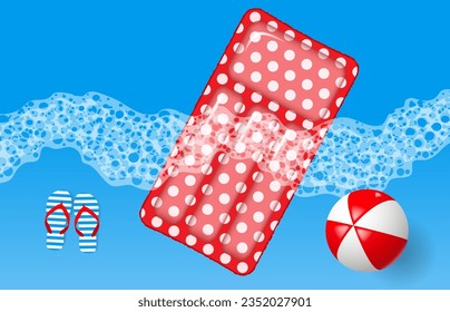 Summer vacation poster with 3d objects. Beach ball, sandals and inflatable mattess in the surf. Vector illustration
