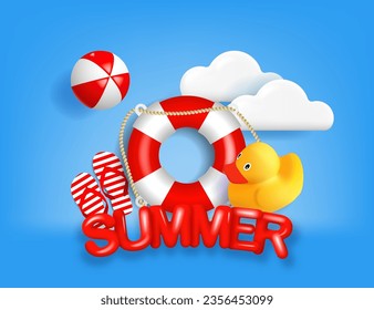 Summer vacation poster with 3d objects. Beach ball, lifebuoy, coffee cup, beach sandals, yellow rubber duck and 3d text SUMMER. Vector illustration
