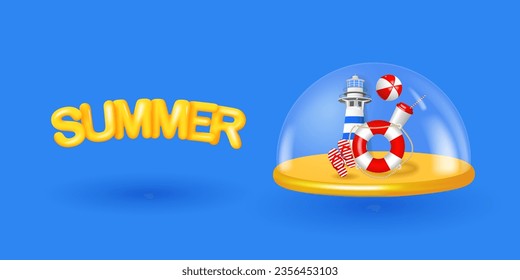 Summer vacation poster with 3d objects. Lighthouse, beach ball, lifebuoy, coffee cup, beach sandals and 3d text SUMMER. Vector illustration