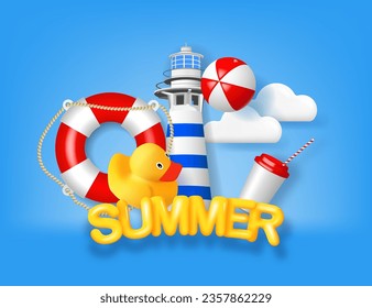 Summer vacation poster with 3d objects. Lighthouse, beach ball, lifebuoy, coffee cup, yellow rubber duck and 3d text SUMMER. Vector illustration