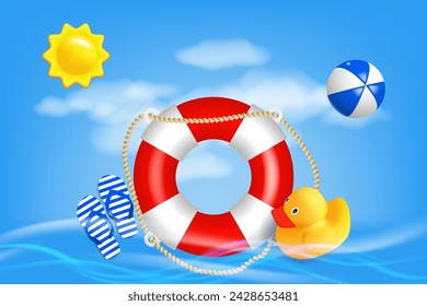 Summer vacation poster with 3d objects in ocean waves. Beach ball, yellow sun, lifebuoy, beach sandals, yellow rubber duck. Vector illustration