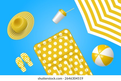 Summer vacation poster with 3d objects. Beach ball, coffee cup, beach umbrella, sandals, inflatable mattess and striped hat. Vector illustration