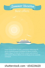 Summer vacation poster / banner template. Vector background with seaside view and ship. Holiday travel. Vector illustration in flat style.