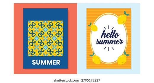 Summer Vacation Poster Collection Featuring Tropical Citrus Design Seasonal Greeting Sunshine Holiday Travel Beach Leisure and Warm Weather Celebration Themes