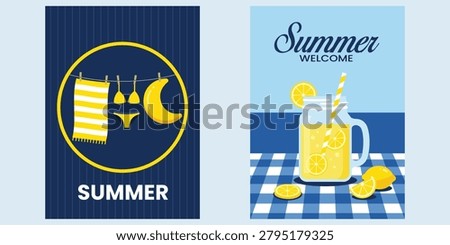Summer Vacation Poster Collection Featuring Beach Refreshment Tropical Drink Sunshine Seasonal Travel Holiday Leisure and Coastal Lifestyle Designs
