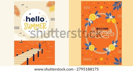 Summer Vacation Poster Collection Featuring Tropical Beach Sunshine Seasonal Travel Holiday Leisure Coastal Lifestyle and Warm Weather Designs