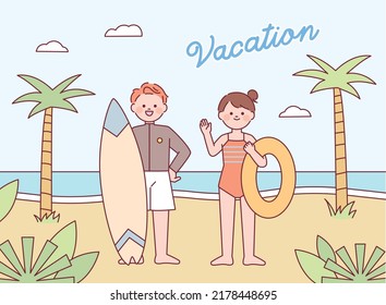 Afiche de las vacaciones de verano. Un hombre y una mujer agradables se saludan entre sí con tablas de surf y tubos de baño. Antecedentes de la isla tropical. ilustración vectorial de estilo de diseño plano.