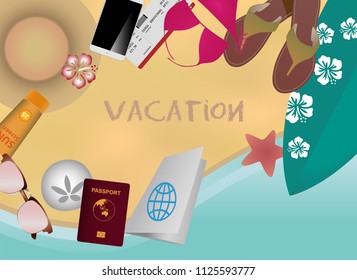 Summer vacation poster design with holiday items, surfboard, sandals, hat, sunscreen, passport, air ticket, bathing suit, map on beach.